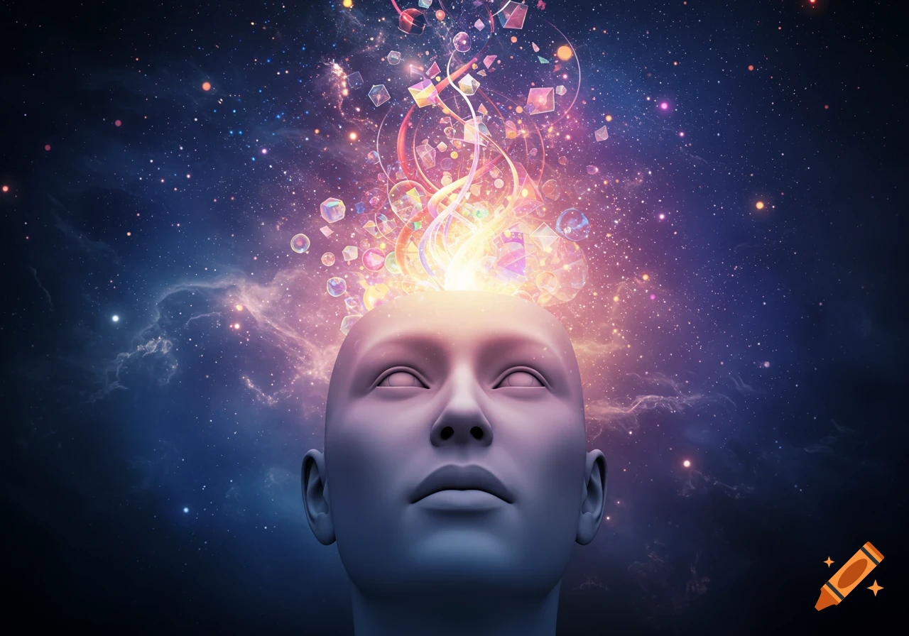 Stylized human head with colorful light and geometric shapes erupting from its top, set against a starry cosmic background.