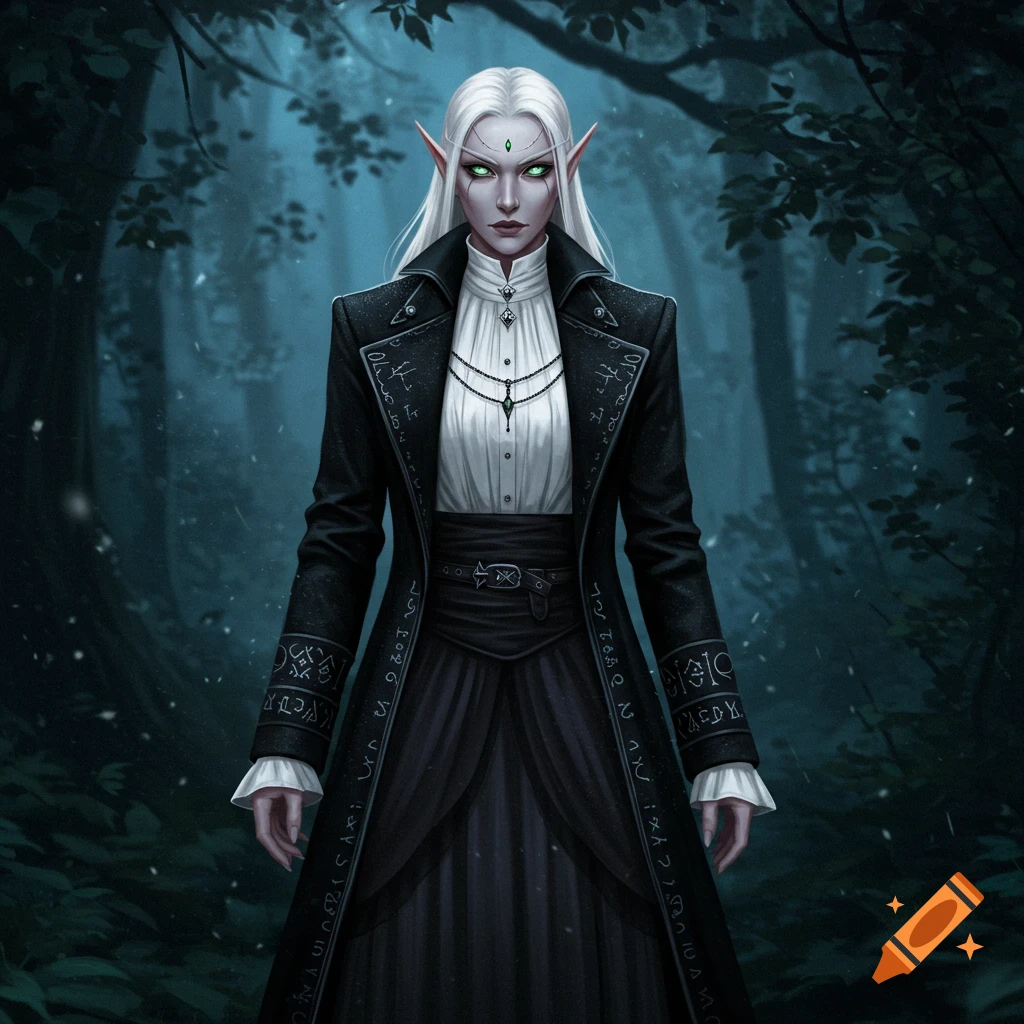 A white-haired female elf with green eyes in a black coat and dark skirt stands in a dark, snowy forest.