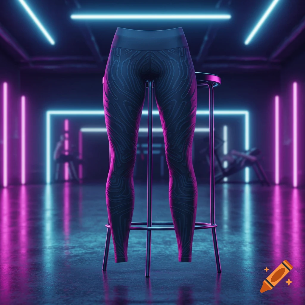 Black patterned gym leggings on a stand in a neon-lit gym with blue and pink lights.