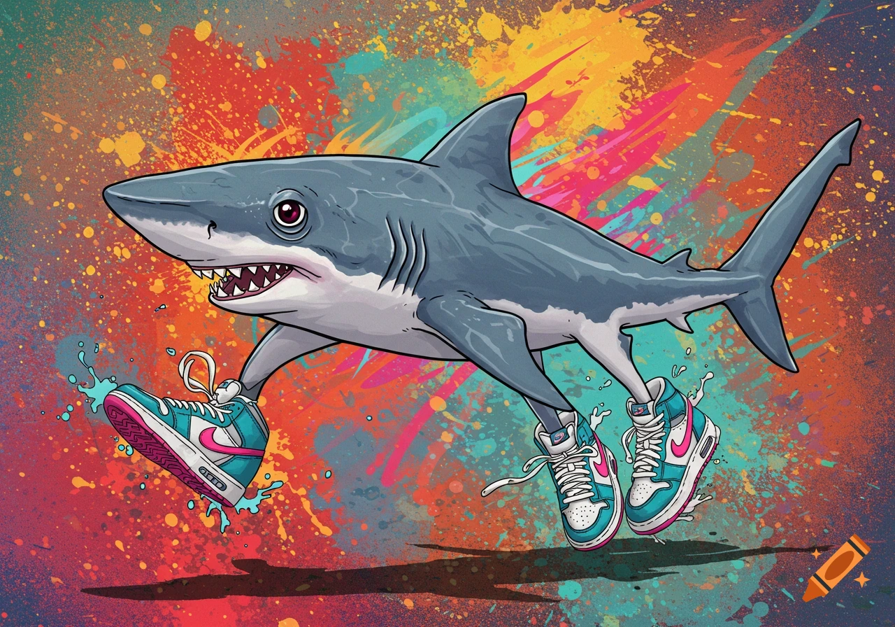 A vibrant, cartoon-style shark wearing teal and pink Nike sneakers, leaping against a chaotic, colorful paint-splattered background.