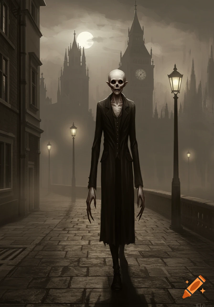 A gaunt, skeletal creature in a black trench coat walks on a cobblestone street in a foggy, gothic London scene at night, with a prominent clock tower and full moon in the background.