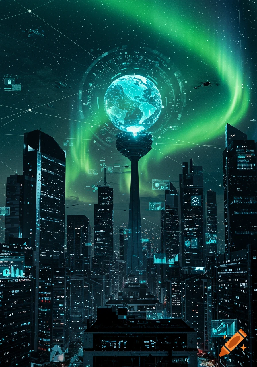 A futuristic city with towering skyscrapers under an aurora borealis sky, featuring a glowing holographic Earth globe and digital network overlays.