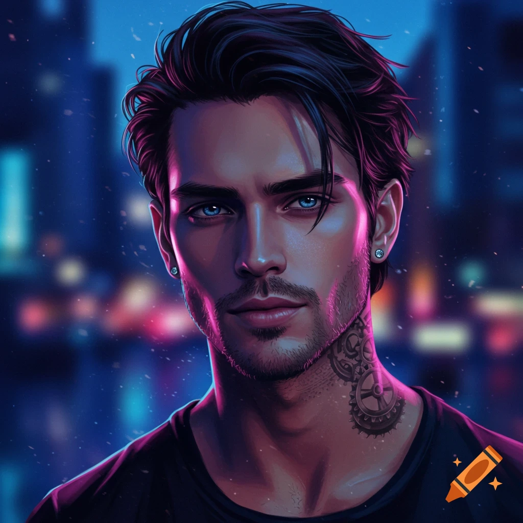 Stylized digital art portrait of a man with blue eyes, shaggy black hair, ear piercings, and a cog tattoo, against a neon city blur.