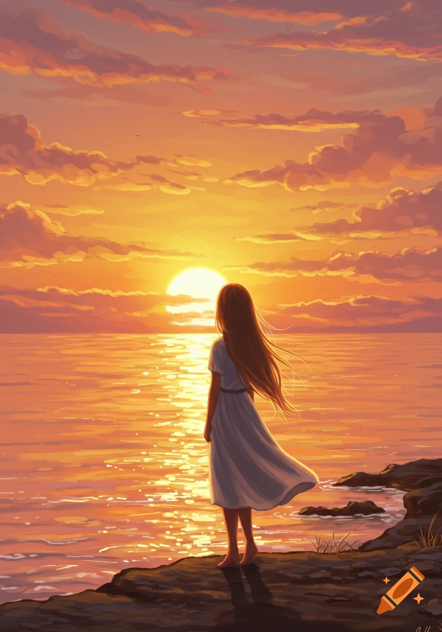 Digital painting of a girl with long hair, seen from behind, standing on rocks by the sea, watching a vibrant orange sunset.