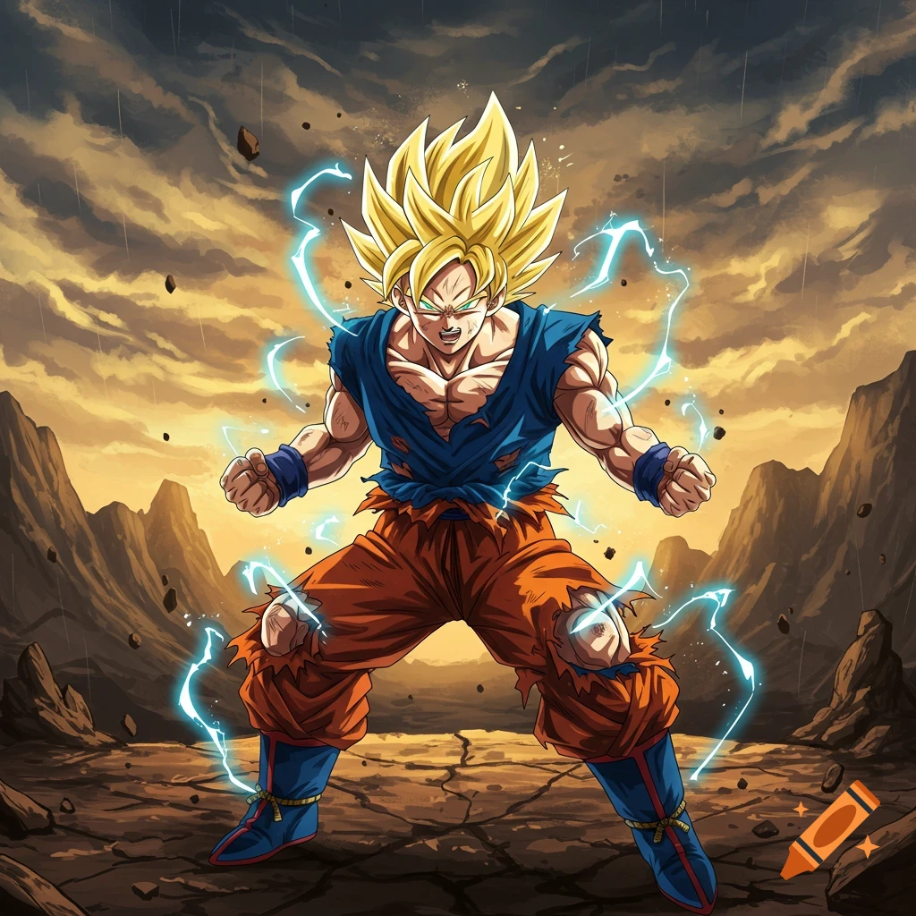 Goku in Super Saiyan form, powering up with blue lightning in a stormy, rocky landscape, anime style.