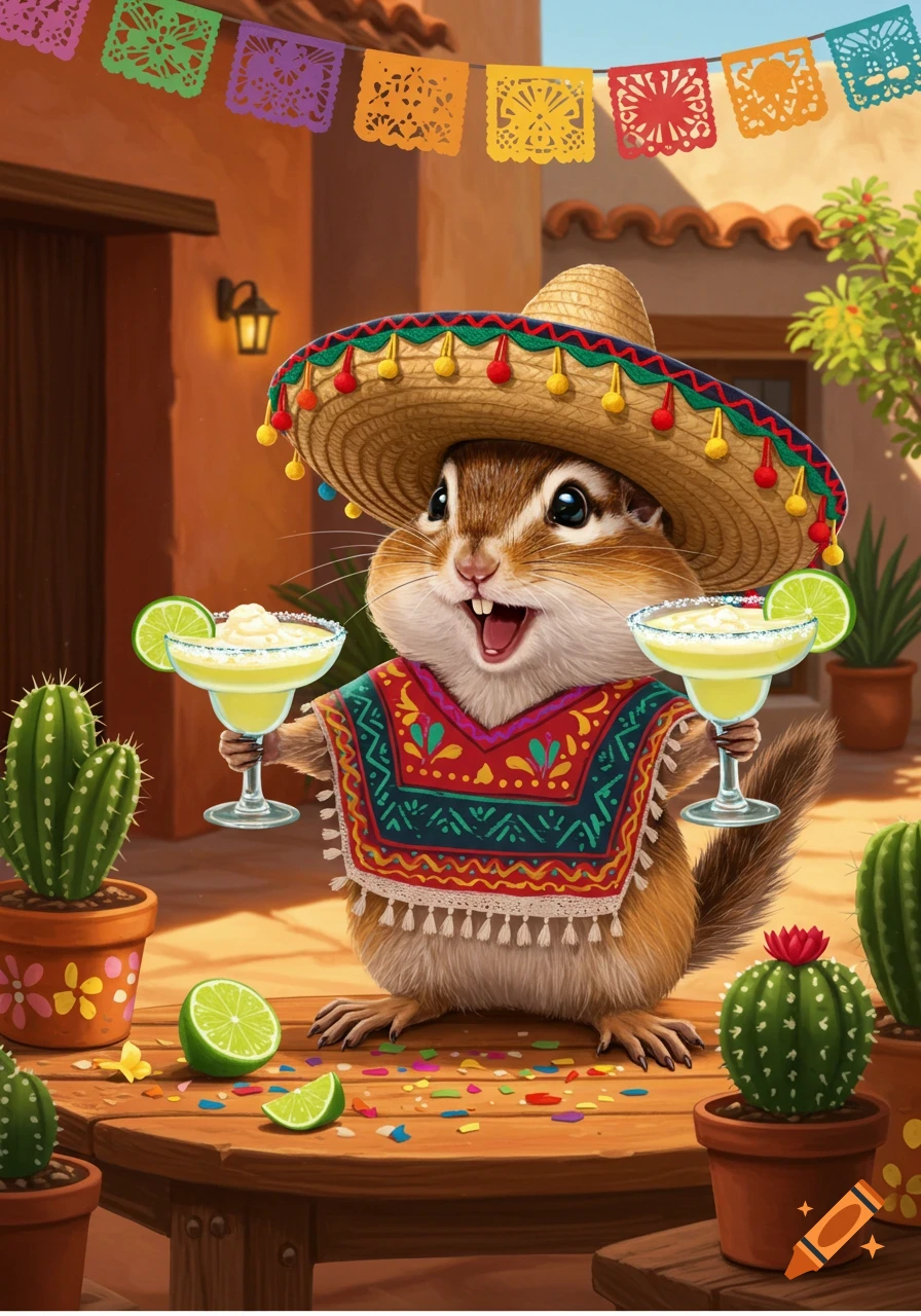 A happy cartoon chipmunk in a sombrero and poncho holds two margaritas on a wooden table with cacti and colorful banners.