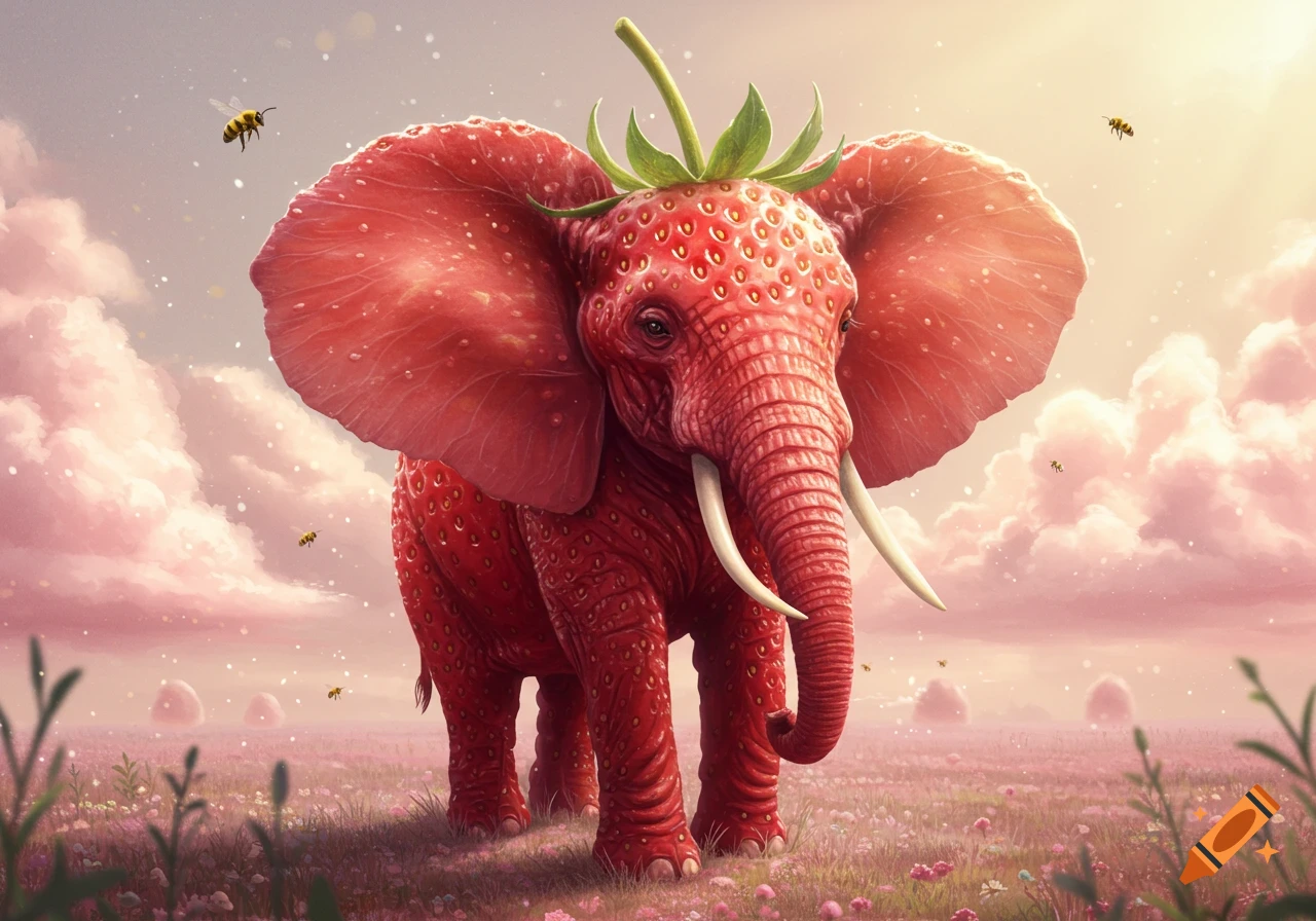 A surreal red elephant made of strawberries with tusks stands in a pink flower field under a cloudy sky with bees.