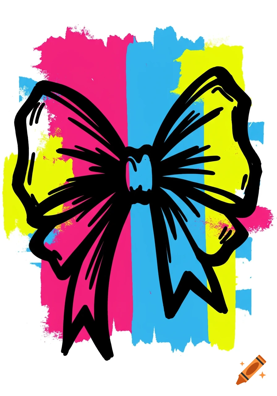 A stylized black outline bow with pink, yellow, and blue fills, on a background of distressed pink, blue, and yellow vertical color blocks, in a marker art style.