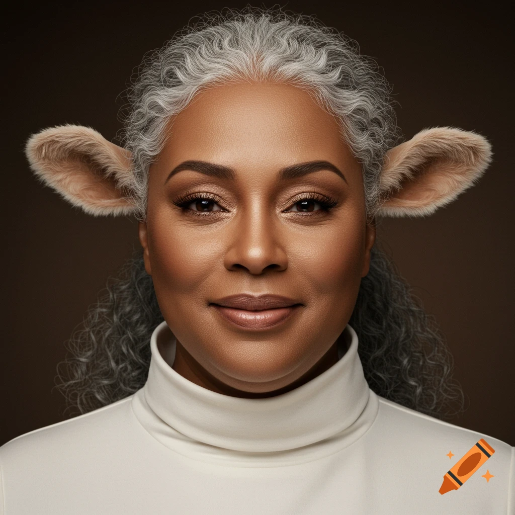 Close-up photorealistic portrait of a woman with light brown skin, brown eyes, silver curly hair, and fluffy animal ears, wearing a white turtleneck. Brown background.