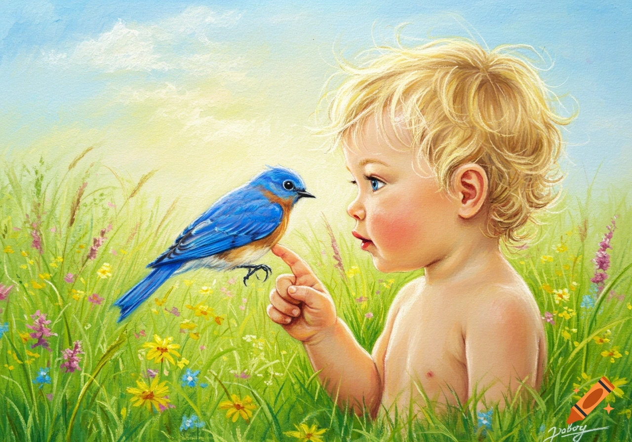 An illustrative painting of a blond toddler in a field of wildflowers, interacting with a bluebird perched on their finger.