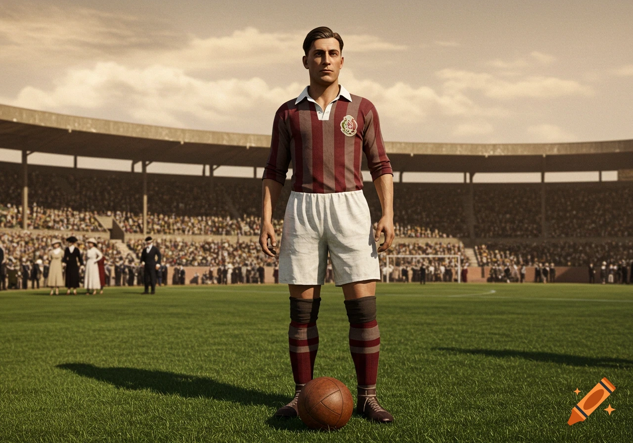 Photorealistic image of a vintage 1930s footballer in a striped uniform standing on a grass field with a leather football in a stadium.