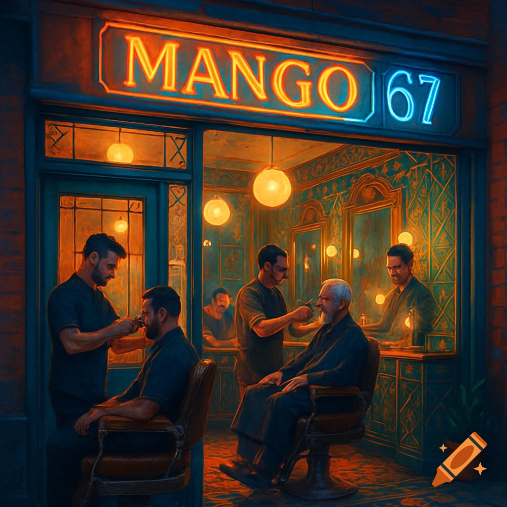 A dark, atmospheric barbershop with a glowing neon sign reading 'MANGO 67' above the entrance. Inside, barbers attend to customers.