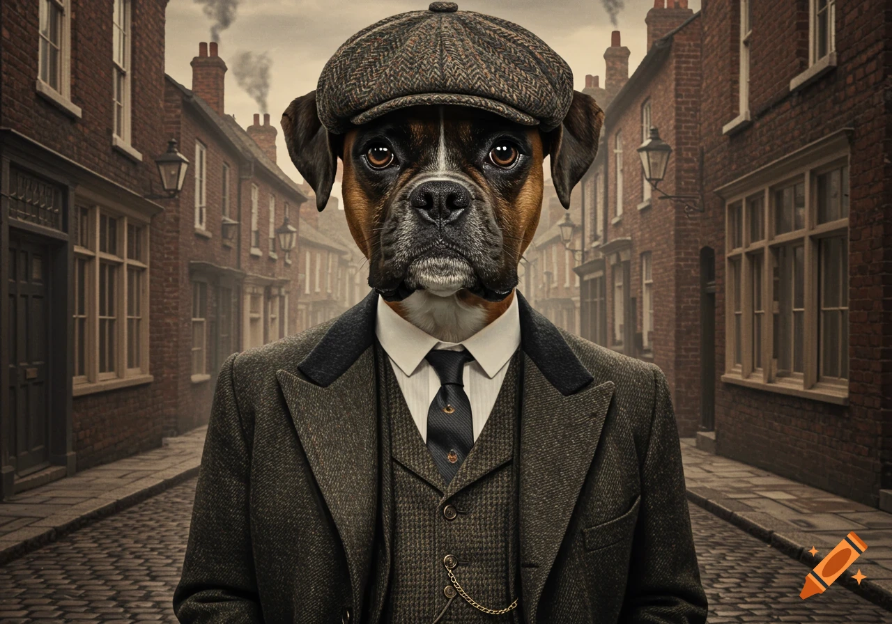 A serious boxer dog in a tweed suit and flat cap stands in a cobbled street lined with old brick buildings under a cloudy sky.