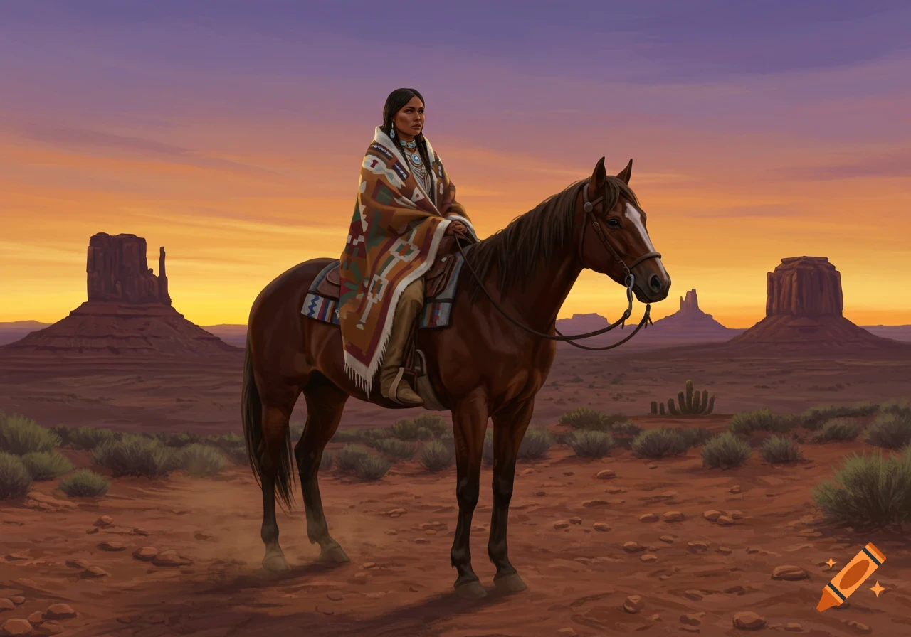 An indigenous American Indian woman wrapped in a blanket sits on a horse in a desert landscape at sunset, in an illustration style.