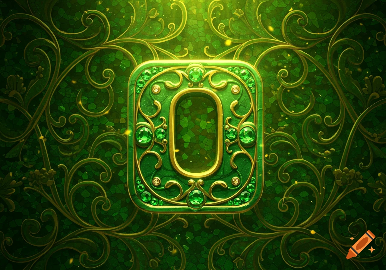 Ornate emerald green and gold letter O adorned with jewels, against a swirling decorative green background.