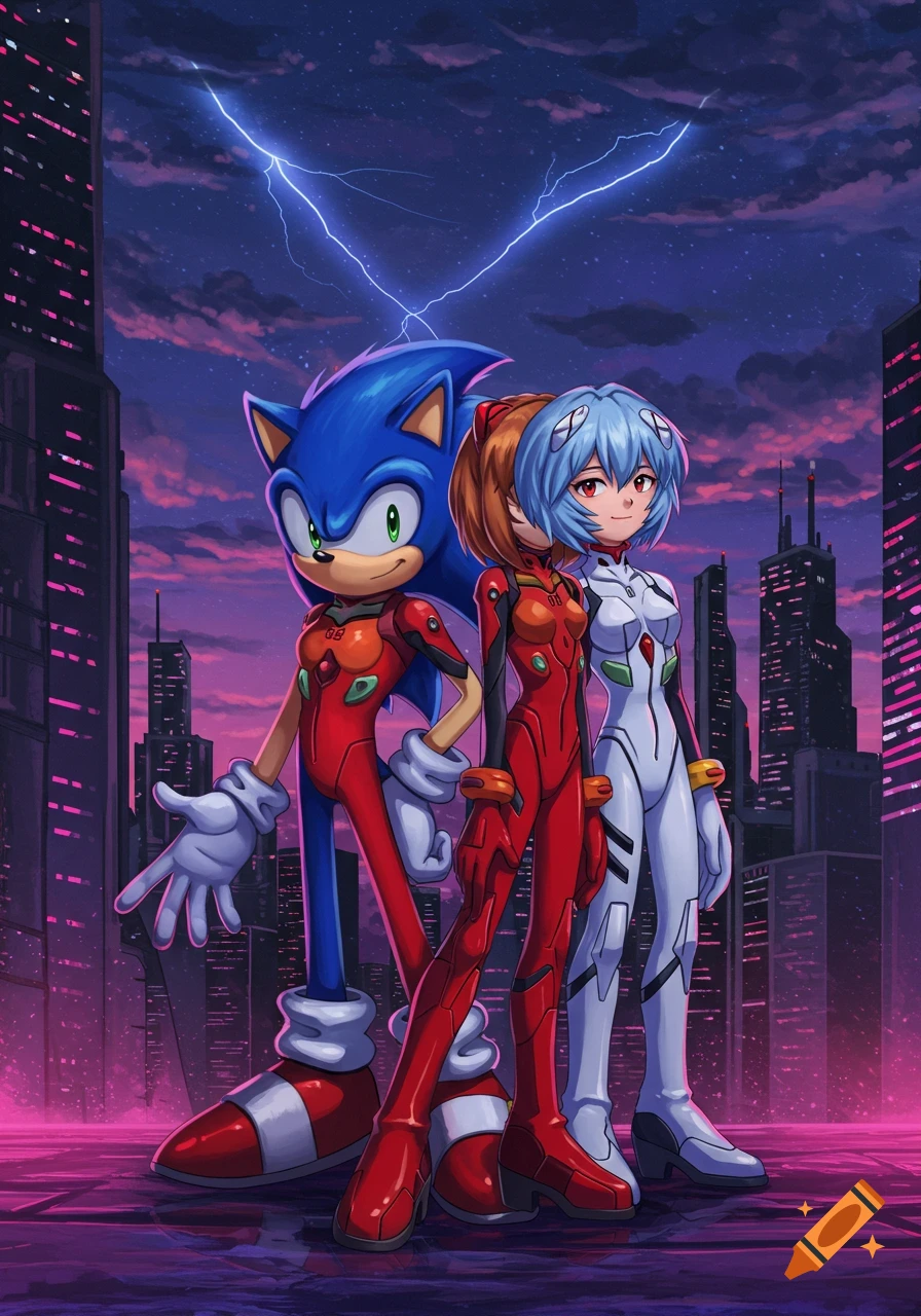 Sonic the Hedgehog, Rei, and Asuka in Evangelion plugsuits stand in a neon-lit futuristic city with lightning.