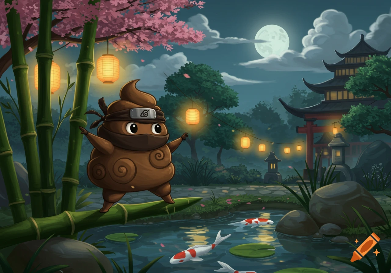 A cartoon poop emoji ninja stands on a bamboo branch in a moonlit Japanese garden with cherry blossoms, glowing lanterns, and koi fish.