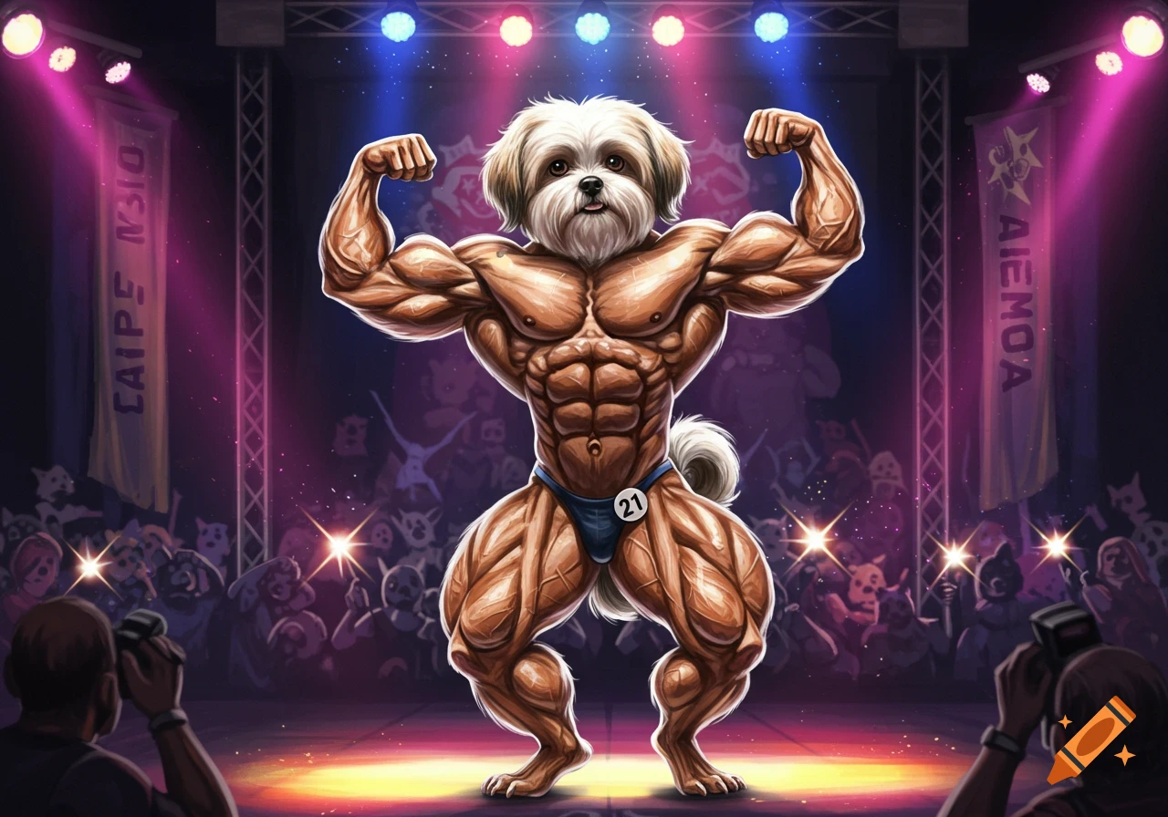A muscular anthropomorphic Shih-tzu dog poses on stage at a bodybuilding contest under spotlights. Digital art.