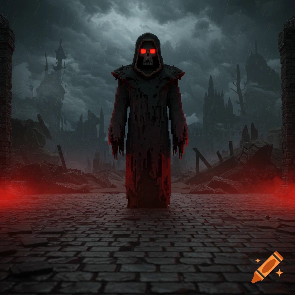 A pixelated grim reaper with glowing red eyes stands on a cobblestone path in a desolate, ruined landscape under a stormy sky, bathed in red light.