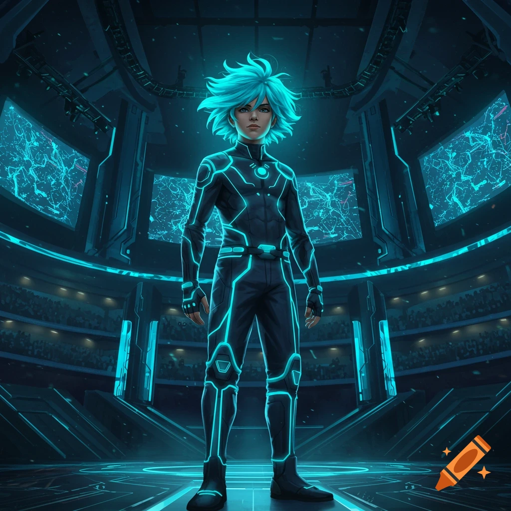 A male character with glowing cyan hair and a black suit with cyan neon lines stands in a futuristic arena with data screens.