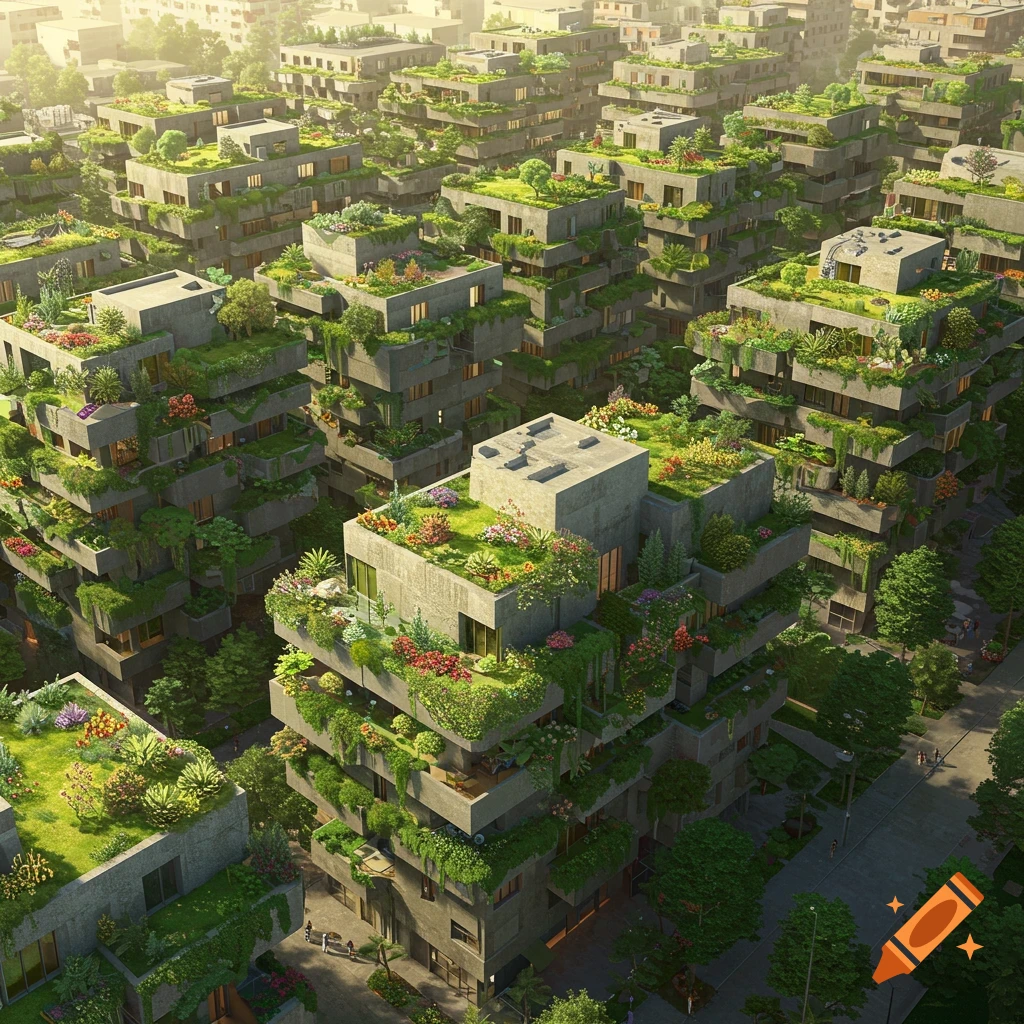 Aerial view of a dense city with multi-story buildings featuring extensive green roofs and balconies filled with lush vegetation.
