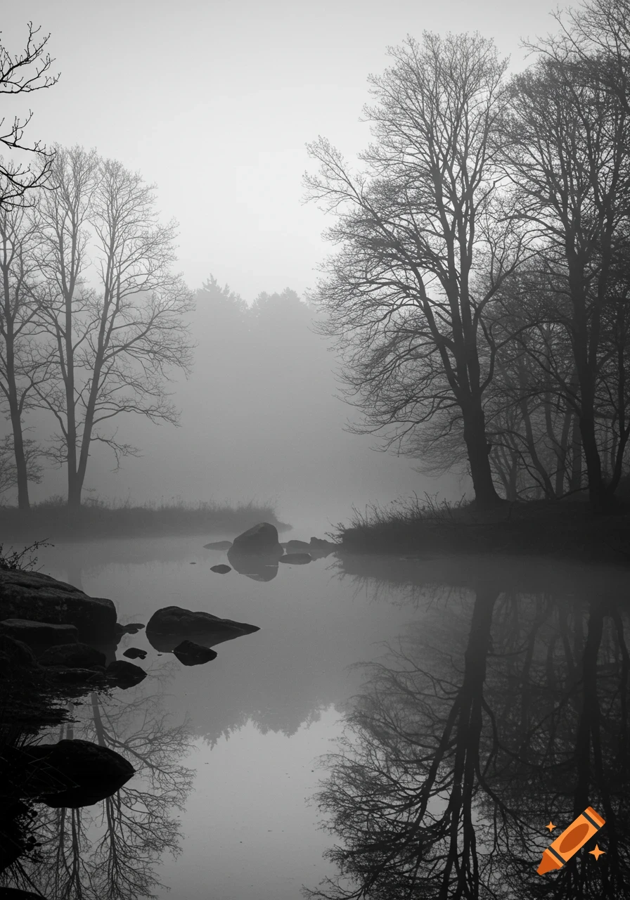 Black and white photorealistic image of a misty lake surrounded by bare trees, with reflections on the still water.