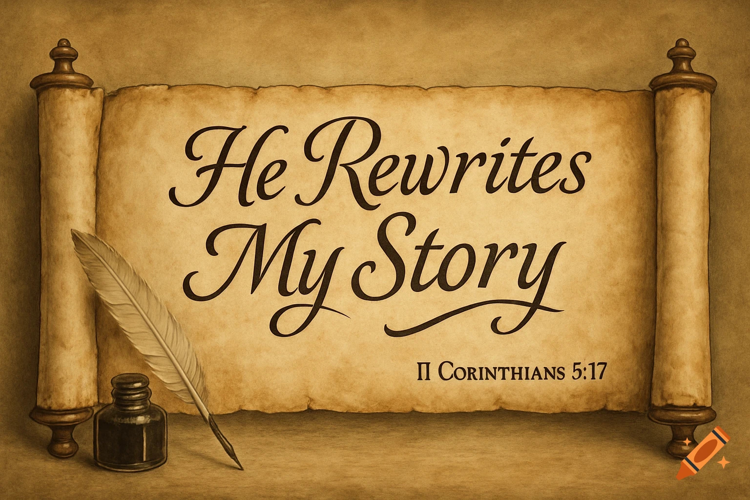 An aged scroll displaying the text 'He Rewrites My Story' and 'II Corinthians 5:17', with a quill and ink bottle.