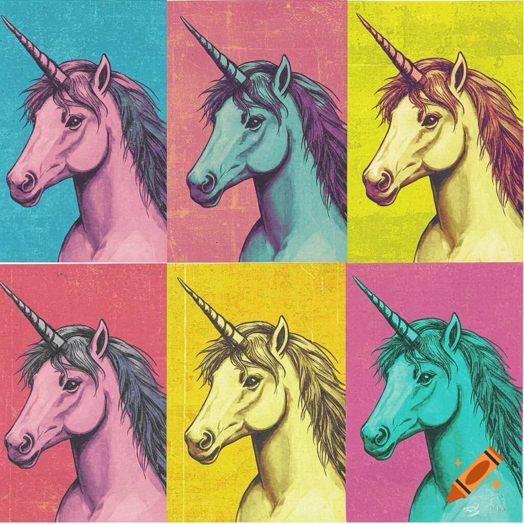 Six pop art style unicorn head portraits in a grid, each with vibrant colors and a distressed background.