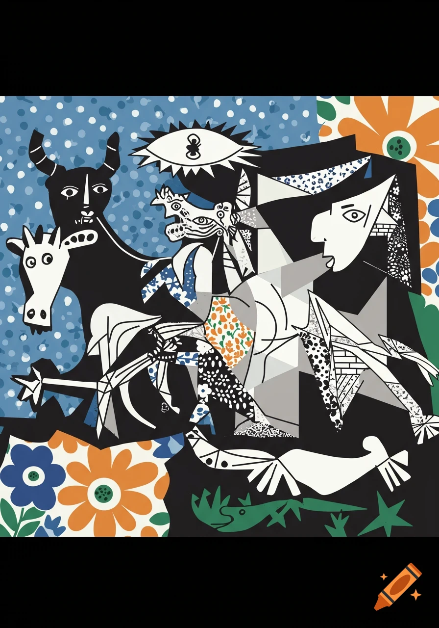 Cubist-style artwork with distorted figures of a bull, horse, and human amidst colorful, bold patterns on a blue and black background.