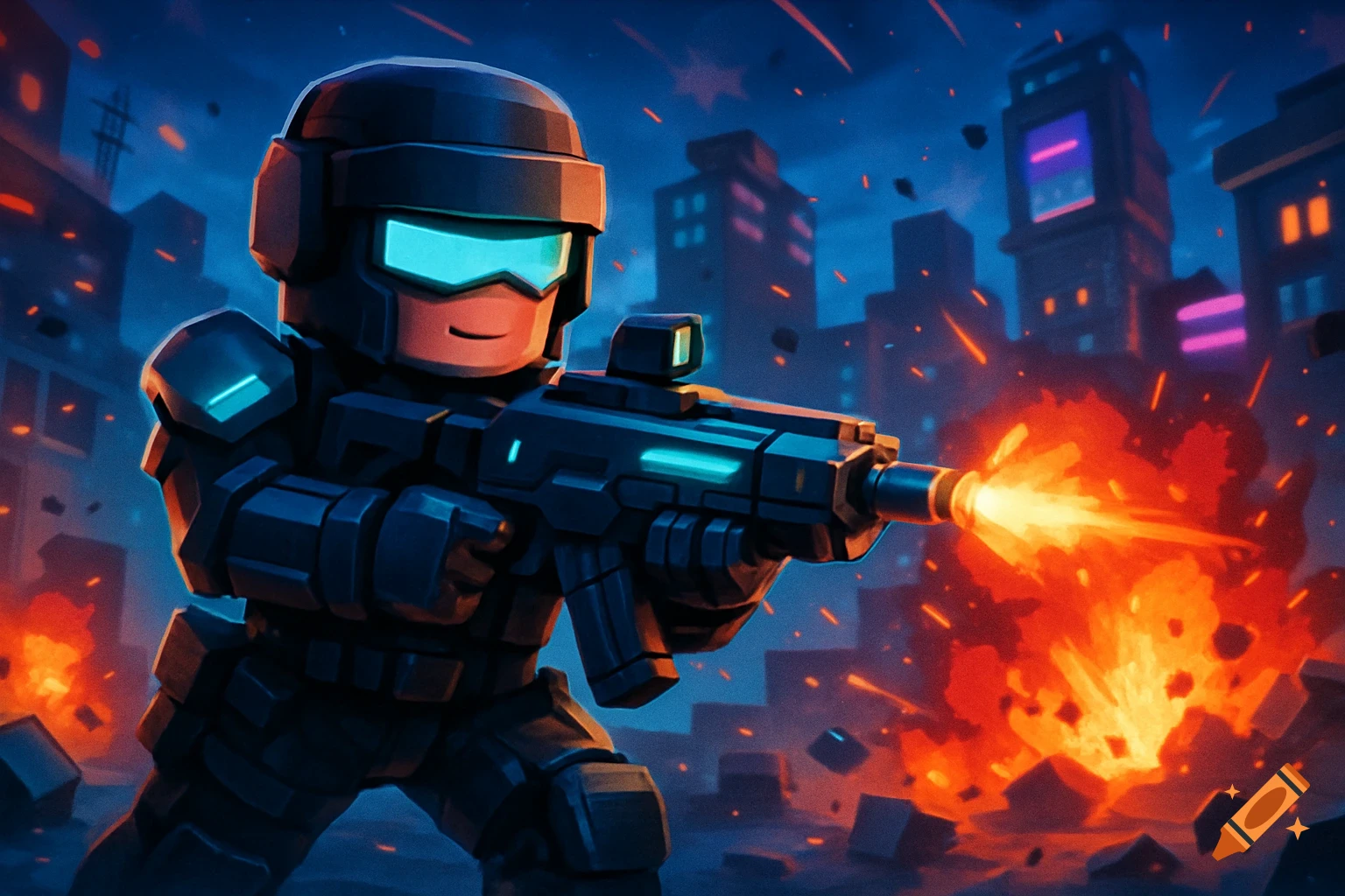 A blocky, armored soldier fires a futuristic rifle amidst explosions in a city at night, in a video game style.
