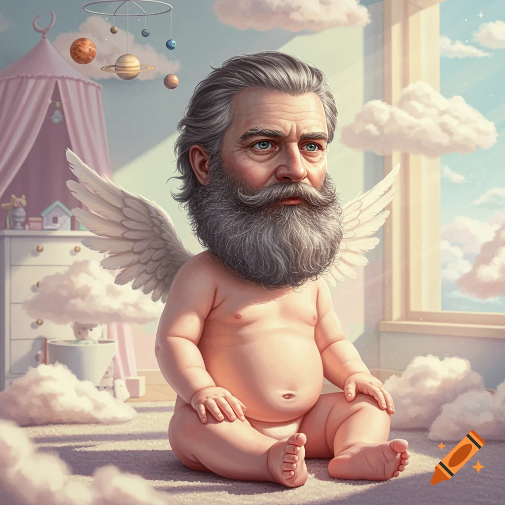 Whimsical image of a bearded old man's head on a baby's body with wings, sitting in a cloud-filled nursery.