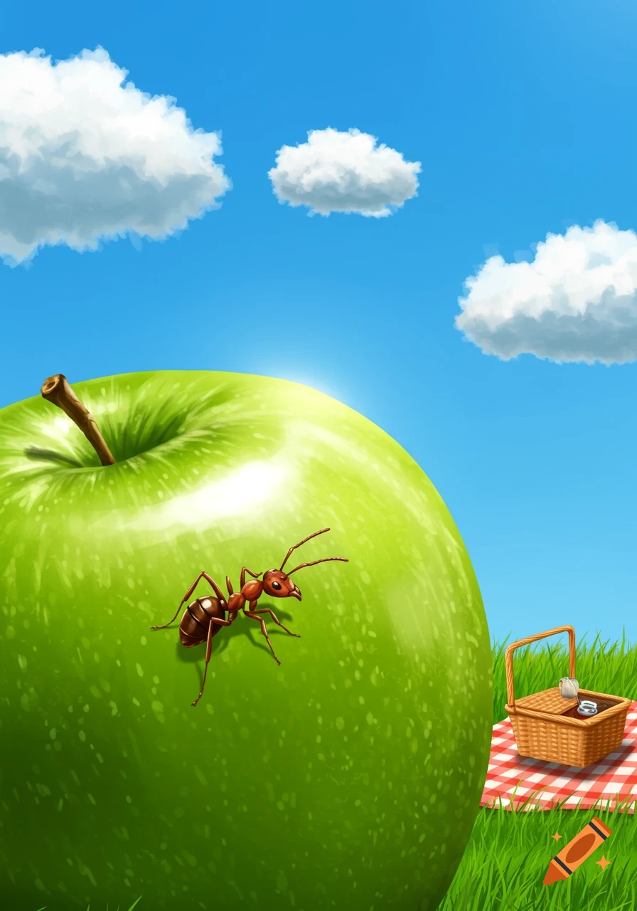 A cartoon red ant crawls on a gigantic green apple under a bright blue sky with white clouds, next to a picnic basket in green grass.