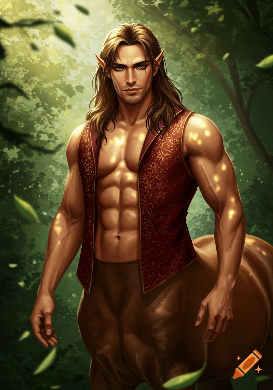 Muscular male centaur with long brown hair, pointy ears, and a red vest stands in a sunlit forest, digital art.