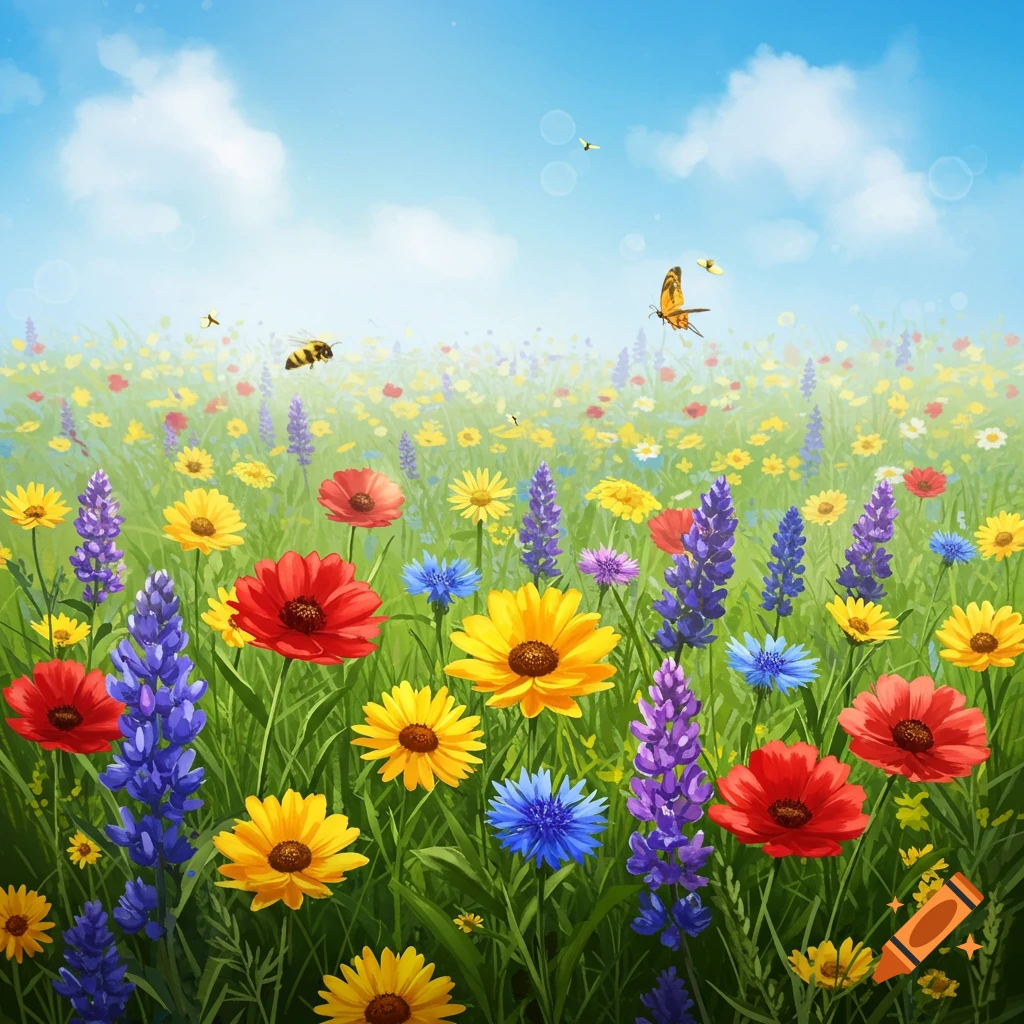 A vibrant meadow filled with colorful red, yellow, blue, and purple flowers under a bright blue sky, with bees and butterflies flying.