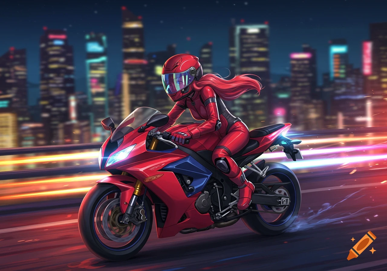 A cartoon girl in a red racing suit and helmet rides a sport motorcycle through a city at night, with motion blur effects.