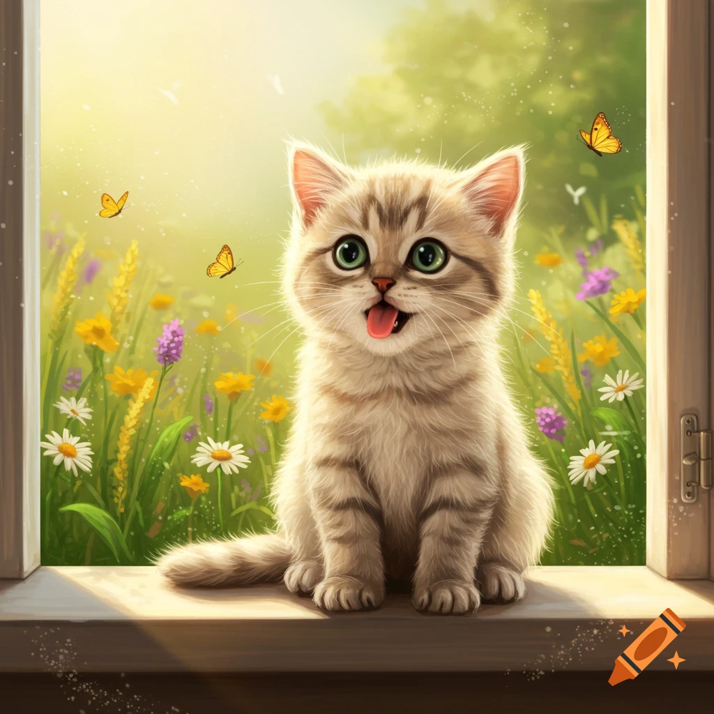 A cute, fluffy kitten sits on a sunlit windowsill, tongue out, looking at butterflies flying over colorful wildflowers outside.