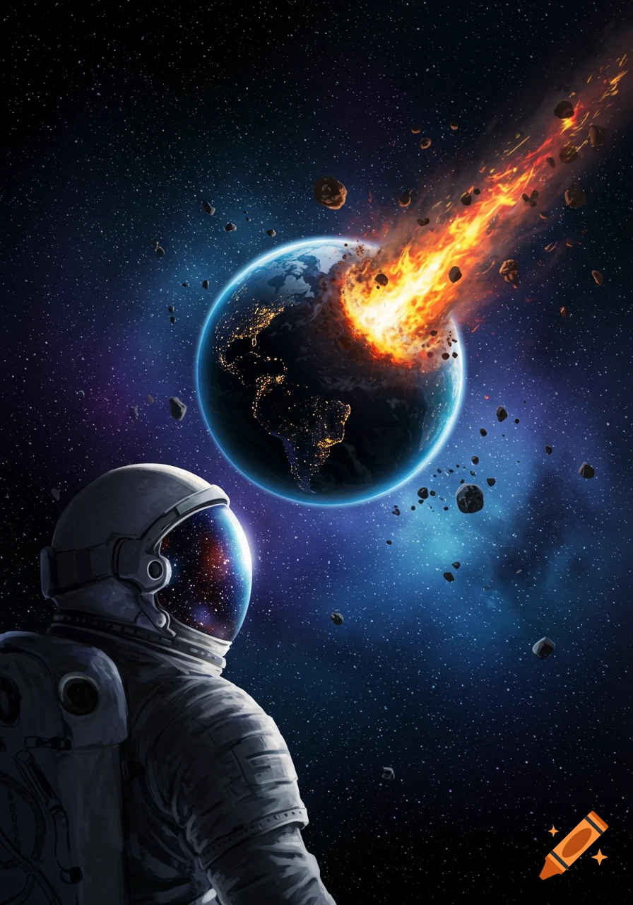 An astronaut observes a dramatic asteroid impact causing an explosion on Earth from deep space, surrounded by stars.