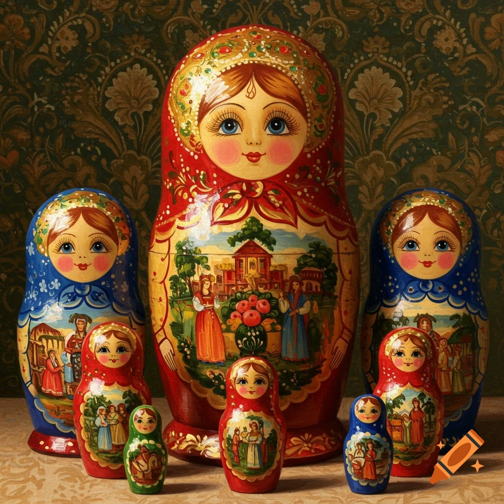 Several intricately painted Russian nesting dolls in red, blue, and green with village scenes and floral patterns, on a patterned surface.