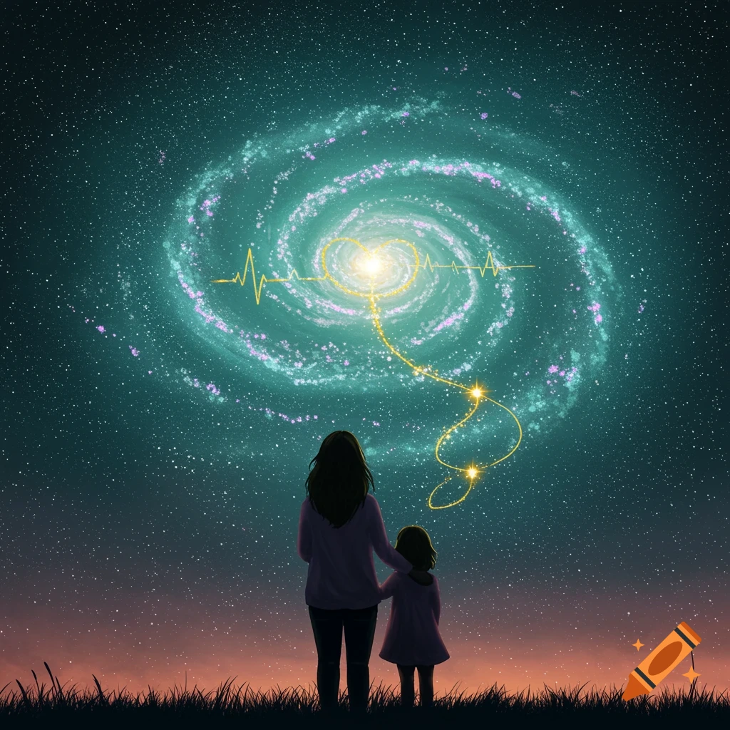 Mother and daughter gaze at a glowing heart and heartbeat line within a vibrant spiral galaxy in the night sky.