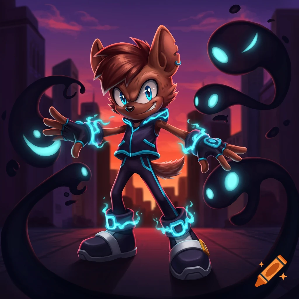 A cartoon anthropomorphic hyena character with glowing blue energy on its hands and feet, surrounded by shadowy spirits, in a city.