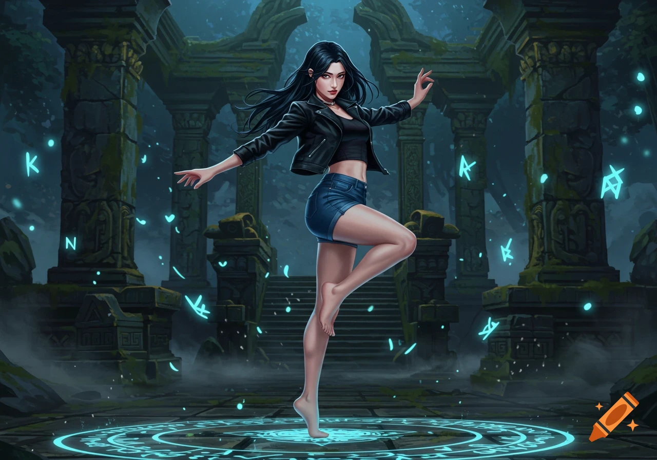 A dark-haired woman in a black jacket and denim shorts stands barefoot on one leg, surrounded by glowing runes in ancient ruins.