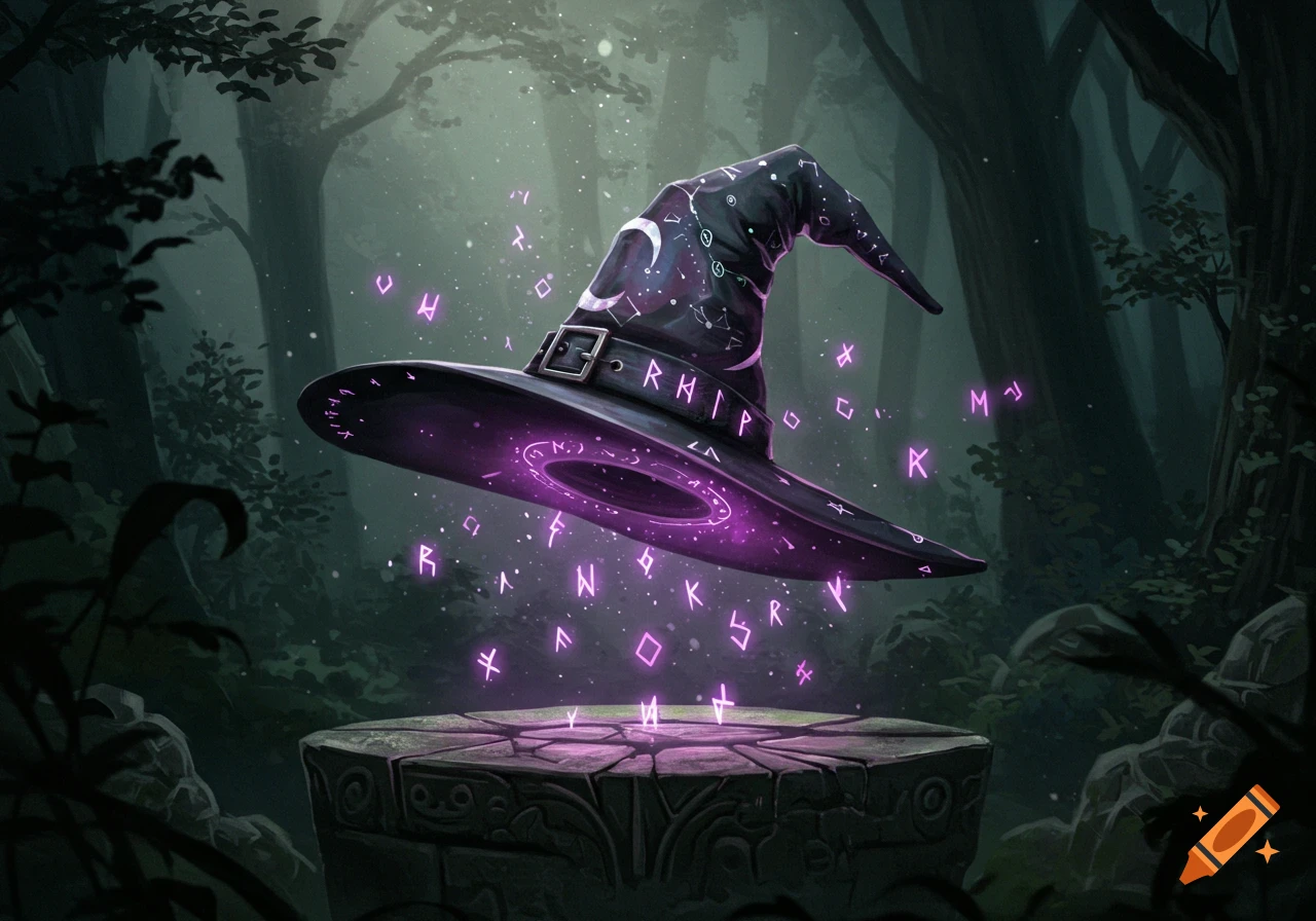 A mystical wizard hat with purple glowing runes floats above a stone pedestal in a dark, magical forest.