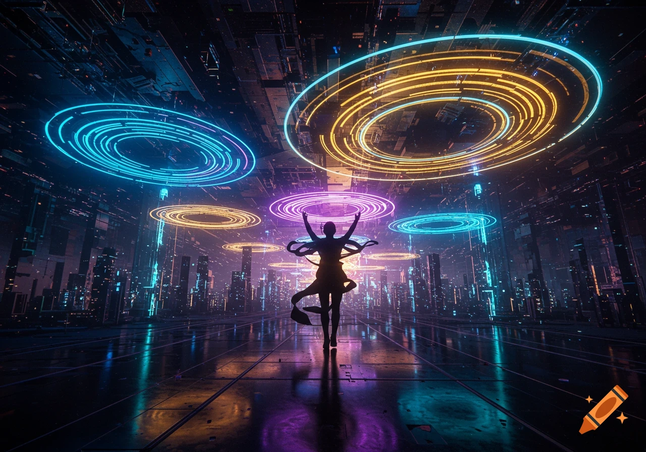 A silhouetted person with arms raised stands on a reflective surface in a dark, neon-lit futuristic city with glowing colorful rings overhead.