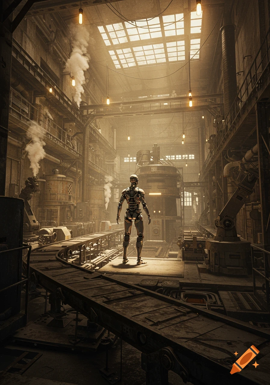 A lone, metallic robot stands in a large, dimly lit, photorealistic industrial factory with machinery and smoke.