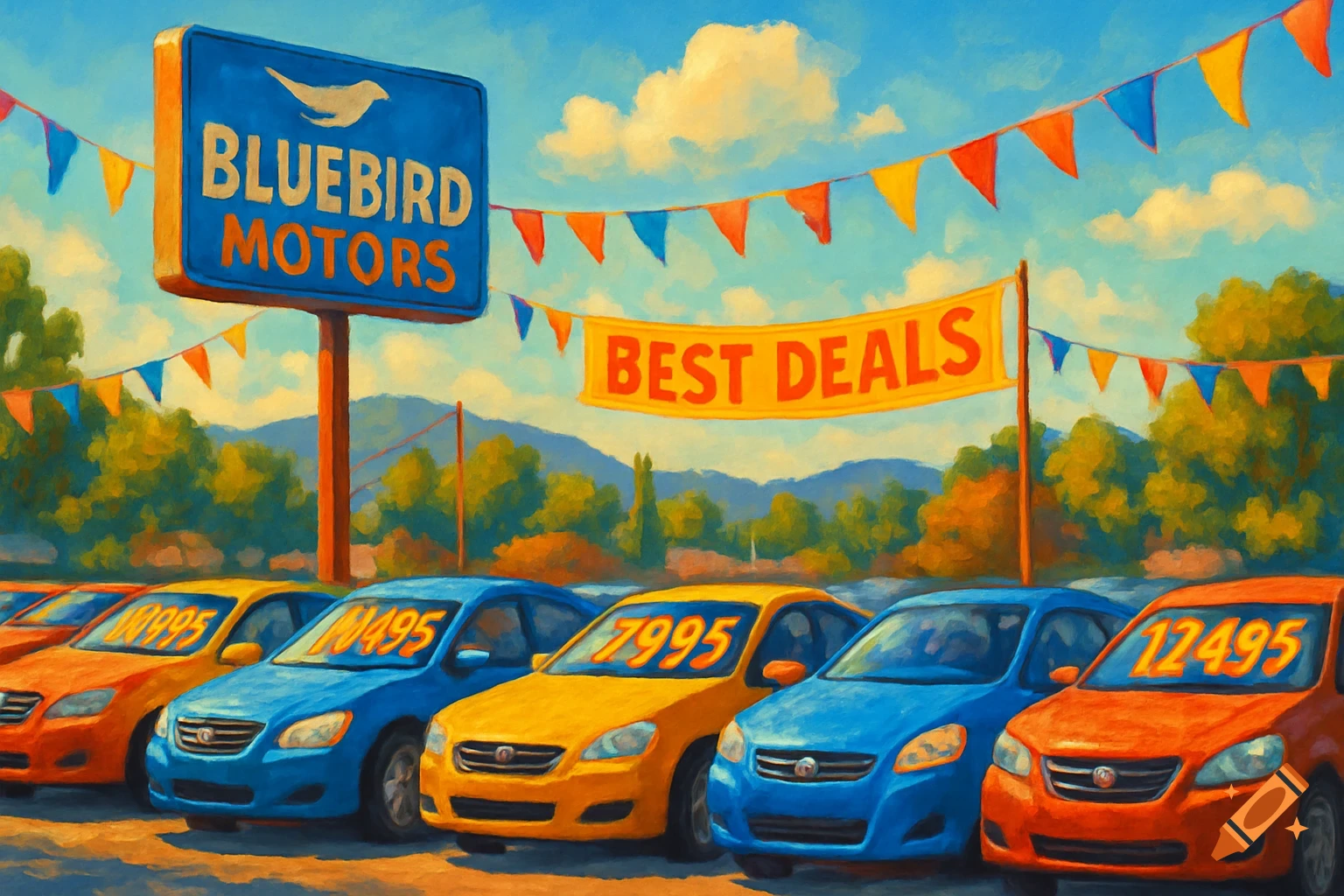 A painterly scene of a car dealership with a "BlueBird Motors" sign, a "BEST DEALS" banner, colorful flags, and cars with partially garbled price tags.