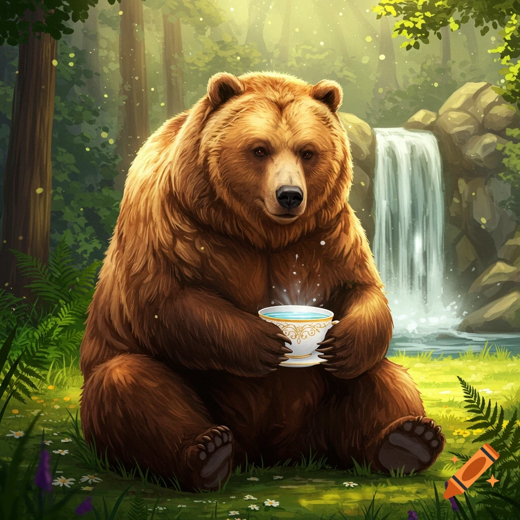 A majestic grizzly bear sits in a lush forest by a waterfall, gently holding a glowing teacup with both paws.