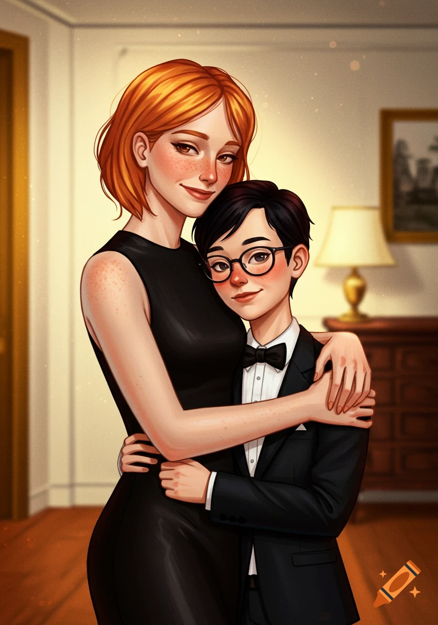 Digital illustration of a smiling redhead woman in a black dress embracing her girlfriend in a tuxedo and glasses inside a home.