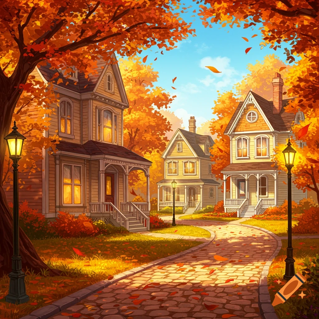 Illustrated autumn scene with Victorian houses, a winding path, and falling orange leaves under a blue sky.