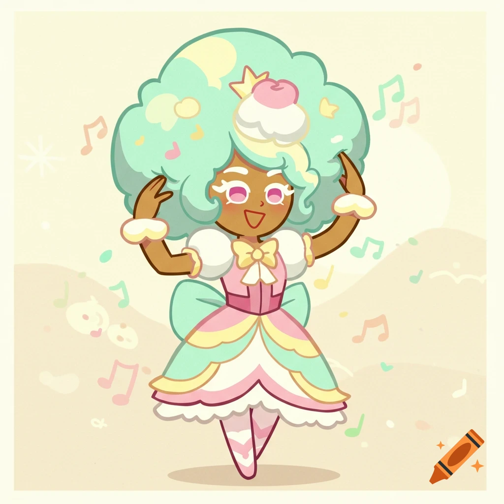 Cartoon girl with mint-green afro and pastel dress dances, surrounded by musical notes.