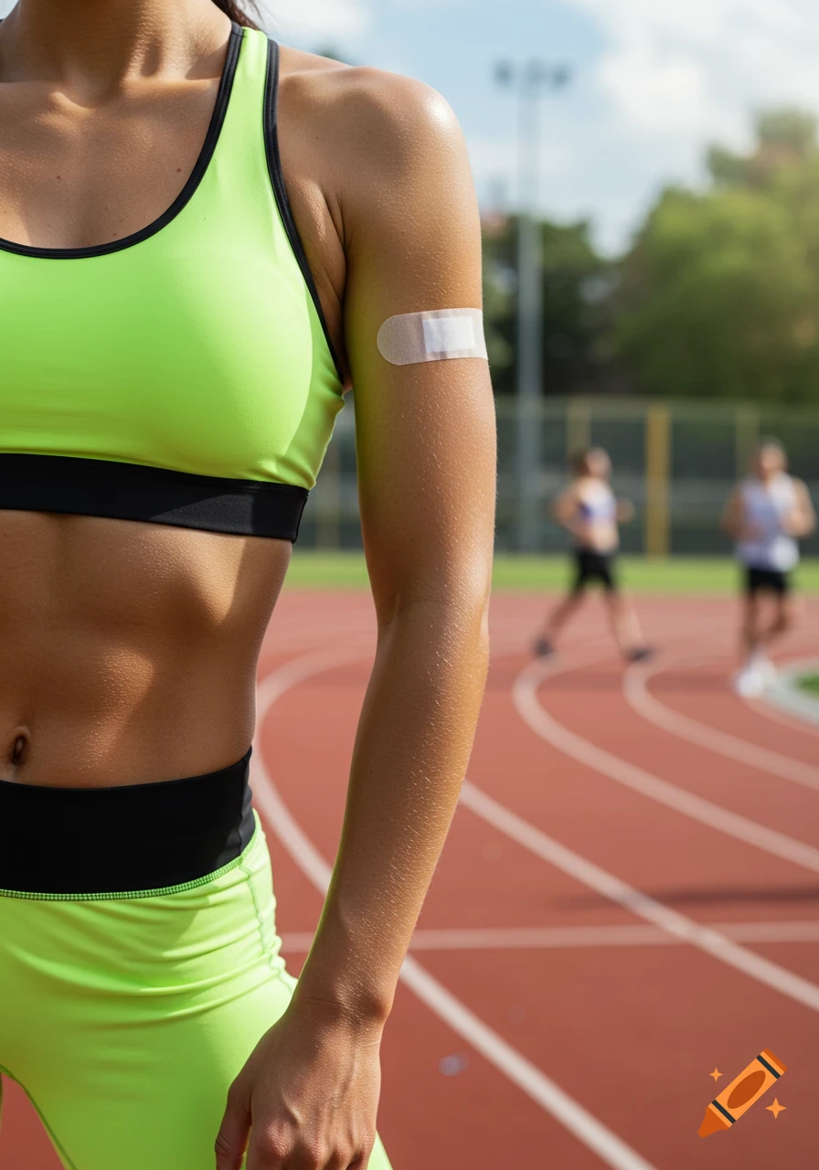 Close-up of a fit woman in lime green sportswear with a bandage on her upper arm, standing on a running track.